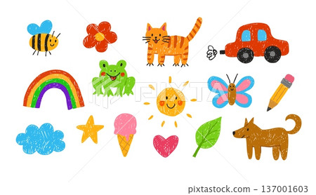 A set of cute children's hand-drawn illustrations, drawn with pencil, chalk, or marker. 137001603