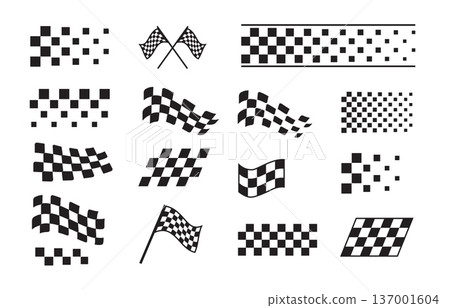 A set of black and white checkered racing flags and stripes in various shapes. A set of black and white checkered racing flags and stripes in various shapes. 137001604