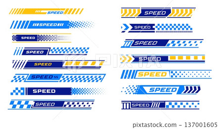 Racing stripes, strips arrows with Speed text, race flag, blue, yellow white checkers, flag sport car decal vector set 137001605