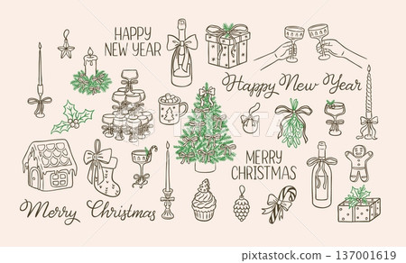 Happy New Year and Merry Christmas winter holiday decoration vector doodle set, candle, fir tree, gift box, champagne 137001619