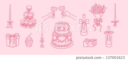Wedding collection line art vector set, pink doodle cake, champagne, flowers, gift box, candles, marriage decoration Wedding collection line art vector set, pink doodle cake, champagne, flowers, gift box, candles, marriage decoration 137001623