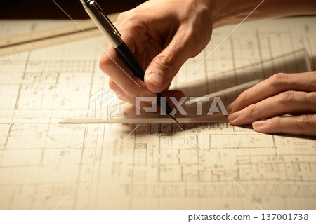 The hands of a Japanese architect drawing architectural drawings at night The hands of a Japanese architect drawing architectural drawings at night 137001738