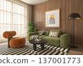 Mid century style conceptual dopamine interior room 3d illustration 137001773