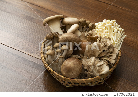 Assorted mushrooms in a colander Assorted mushrooms in a colander 137002021
