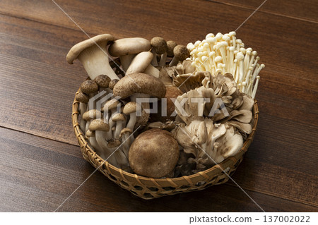 Assorted mushrooms in a colander Assorted mushrooms in a colander 137002022