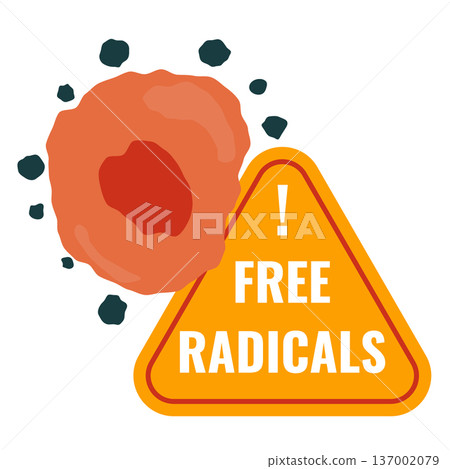 Free radicals attack sign over damaged cell Free radicals attack sign over damaged cell 137002079
