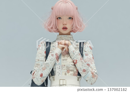 Emi Series: A woman in her twenties standing with her sleeve touching her chest | A delicate and gentle portrait illustration 137002182