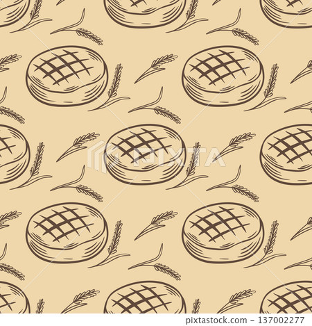 Seamless pattern of bread loaves with spikes of wheat or rye 137002277