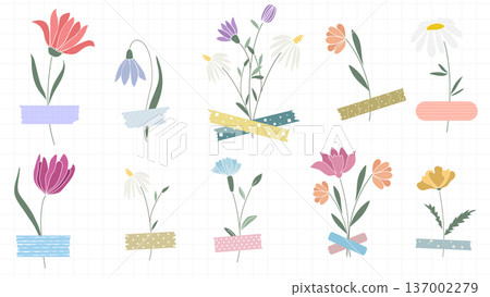 Flowers attached with adhesive decorative tape Flowers attached with adhesive decorative tape 137002279
