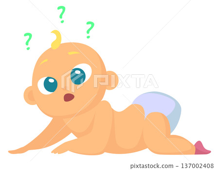 Confused baby character. Question signs around kid head 137002408