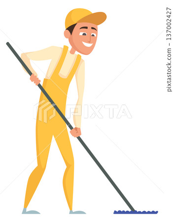 Happy janitor working. Professional cleaner cartoon character Happy janitor working. Professional cleaner cartoon character 137002427