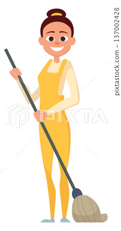 Smiling woman with broom. Cleaning service cartoon mascot Smiling woman with broom. Cleaning service cartoon mascot 137002428