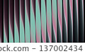 Abstract blue glass structure with gradient pink violet neon light effects renders futuristic 3D background featuring ribbed crystalline geometric design elements. 137002434