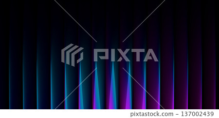 Abstract 3D glass shape with neon gradient light effects. Futuristic ribbed background featuring blue, pink, and violet prismatic textures for modern design projects. 137002439