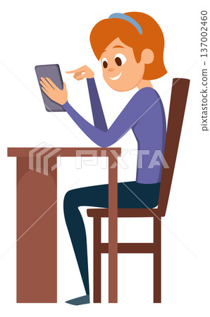 Girl using smartphone. Cartoon female character with gadget 137002460