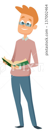 Reading man in glasses. Cartoon character with book in hands 137002464