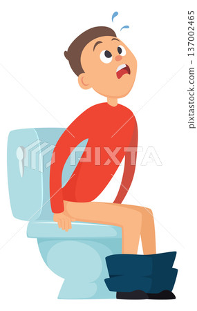 Diarrhea icon. Man sit on toilet. Cartoon sick character 137002465