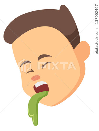 Nausea cartoon icon. Male head vomiting green Nausea cartoon icon. Male head vomiting green 137002467