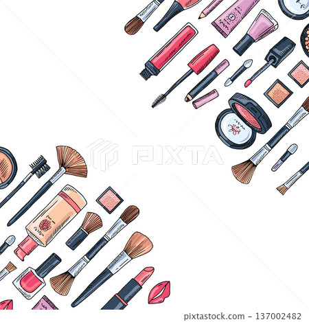 Makeup products on banner template. Beauty cosmetic icons 137002482
