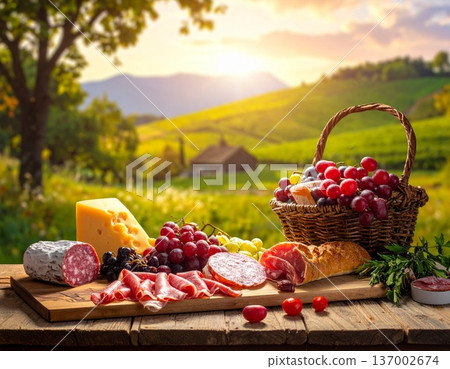 picnic basket with red wine on the wooden table 137002674