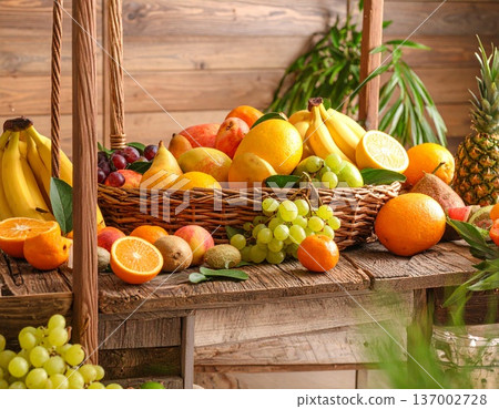 assortment of fruits in wooden box assortment of fruits in wooden box 137002728