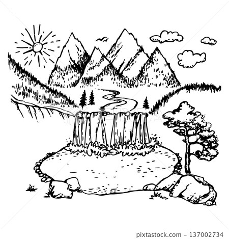 Black and white outline vector mountain landscape 137002734