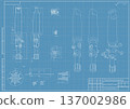 Mechanical engineering drawings on blue background. Cutting tools, milling cutter. Technical Design. Cover. Blueprint. Horizontal seamless pattern. Vector illustration. 137002986