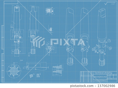 Mechanical engineering drawings on blue background. Cutting tools, milling cutter. Technical Design. Cover. Blueprint. Horizontal seamless pattern. Vector illustration. Mechanical engineering drawings on blue background. Cutting tools, milling cutter. Technical Design. Cover. Blueprint. Horizontal seamless pattern. Vector illustration. 137002986