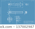 Mechanical engineering drawings on blue background. Cutting tools, milling cutter. Technical Design. Cover. Blueprint. Horizontal seamless pattern. Vector illustration. 137002987