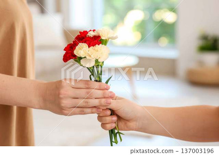 一個孩子將一小束紅白相間的康乃馨遞到一位女士手中。這是母親節的慶祝活動，表達了感恩。 137003196