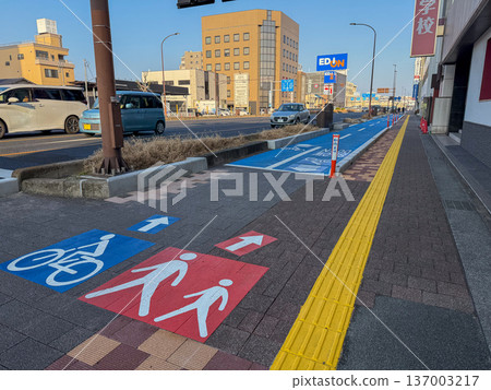 Road with warning signs for bicycles and pedestrians only Road with warning signs for bicycles and pedestrians only 137003217