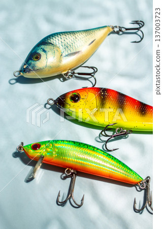 Special different colorful fishing tackles. Preparing for fishing Special different colorful fishing tackles. Preparing for fishing 137003723