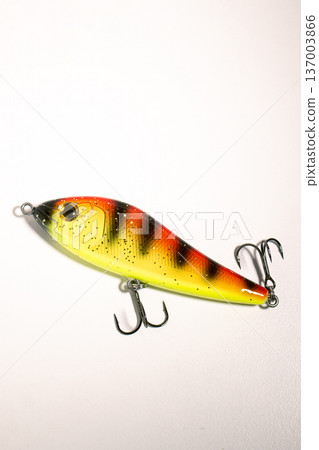Fishing accessories bobbers, hooks, tackles, baits isolated on white background. Image for shop for fisherman. Close up 137003866