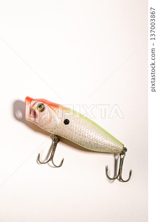 Fishing accessories bobbers, hooks, tackles, baits isolated on white background. Image for shop for fisherman. Close up Fishing accessories bobbers, hooks, tackles, baits isolated on white background. Image for shop for fisherman. Close up 137003867