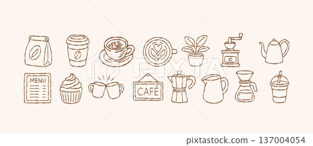 Minimalist coffee element vector set with espresso machine grinder kettle and barista tools in hand drawn doodle line art style for cafe menu design Minimalist coffee element vector set with espresso machine grinder kettle and barista tools in hand drawn doodle line art style for cafe menu design 137004054