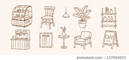 Hand drawn cafe icons set coffee shop furniture and equipment doodle collection minimalist vector illustration of bakery elements cozy interior design objects isolated brown line art 137004055