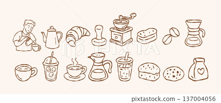 Hand drawn coffee and bakery icons set barista making latte art coffee equipment and dessert doodle collection minimalist vector illustration of cafe elements isolated brown line art 137004056