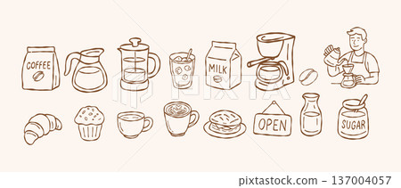 Hand drawn cafe and bakery icons set barista coffee brewing equipment and dessert doodle collection minimalist vector illustration of shop elements isolated brown line art 137004057