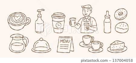Hand drawn cafe icons set barista serving coffee takeaway cup and bakery doodle collection minimalist vector illustration of dessert elements isolated brown line art Hand drawn cafe icons set barista serving coffee takeaway cup and bakery doodle collection minimalist vector illustration of dessert elements isolated brown line art 137004058