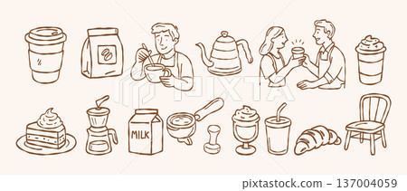 Hand drawn coffee shop icons set barista giving coffee to customer equipment and bakery doodle collection minimalist vector illustration of cafe elements isolated brown line art 137004059