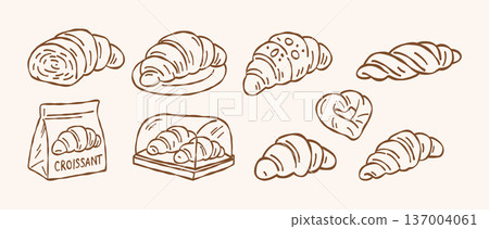 Fresh croissant and assorted pastry vector set in hand drawn doodle line art style for bakery menu cafe breakfast and food branding design 137004061