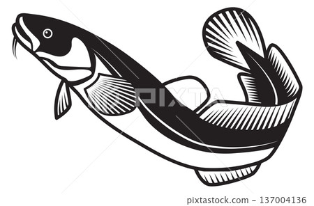Marine fish black emblem. Jumping hake logo. 137004136