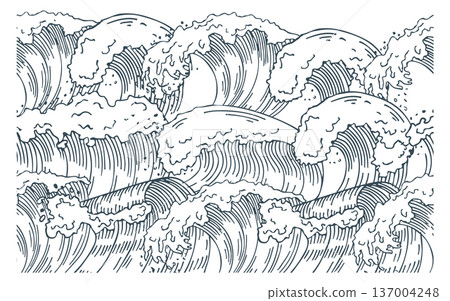 Ocean wave pattern. Hand drawn sketch water Ocean wave pattern. Hand drawn sketch water 137004248