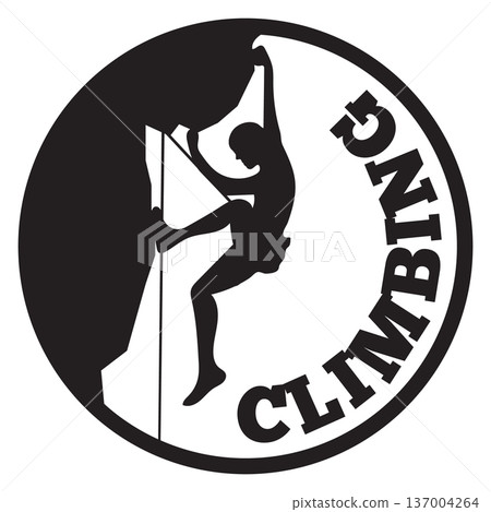 Climbing black logo. Mountaineering active person silhouette Climbing black logo. Mountaineering active person silhouette 137004264