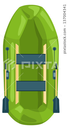 Rubber boat with paddles. Green ship top view 137004341