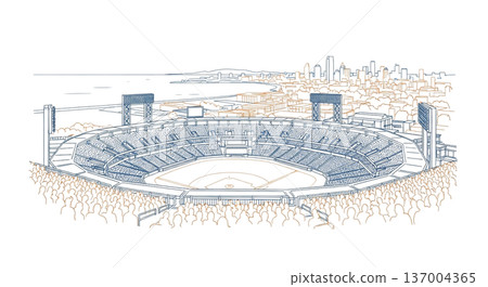 棒球場和城市天際線插圖。線條畫。舊金山灣區。棒球場。全景景觀。背景素材。 137004365