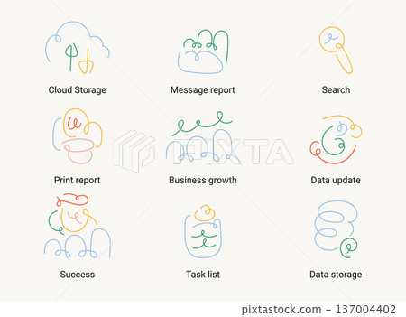 Minimal doodle line icon set featuring data storage, cloud technology, business growth, reports, search, and task management. Abstract colorful icons in a modern hand-drawn style, suitable for website 137004402