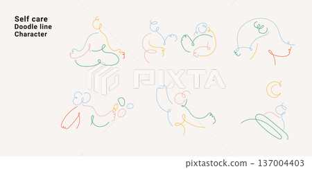 Abstract doodle line characters representing self care, relaxation, and mindfulness. Minimal colorful line art style ideal for wellness, mental health, lifestyle, and presentation design. 137004403