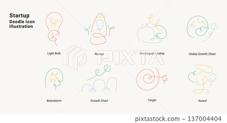 Minimal doodle line icon set for startup and business concepts. Abstract hand drawn icons showing idea, growth, innovation, teamwork, technology, and success elements. Minimal doodle line icon set for startup and business concepts. Abstract hand drawn icons showing idea, growth, innovation, teamwork, technology, and success elements. 137004404