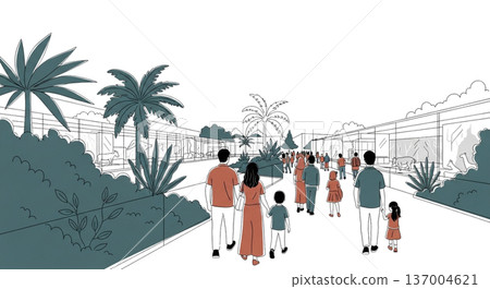 一家人沿著動物園的走廊散步。插圖素材。遊客、棕櫚樹、熱帶植物、動物籠舍、線條畫、背景素材。 137004621